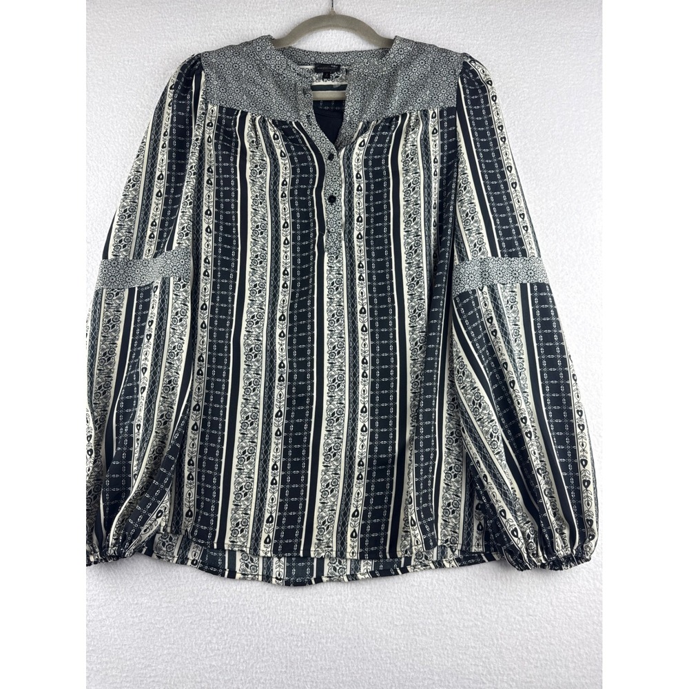 BUCKLE BLACK‎ Womens Small Black White Mixed Print Boho Balloon Sleeve Blouse S